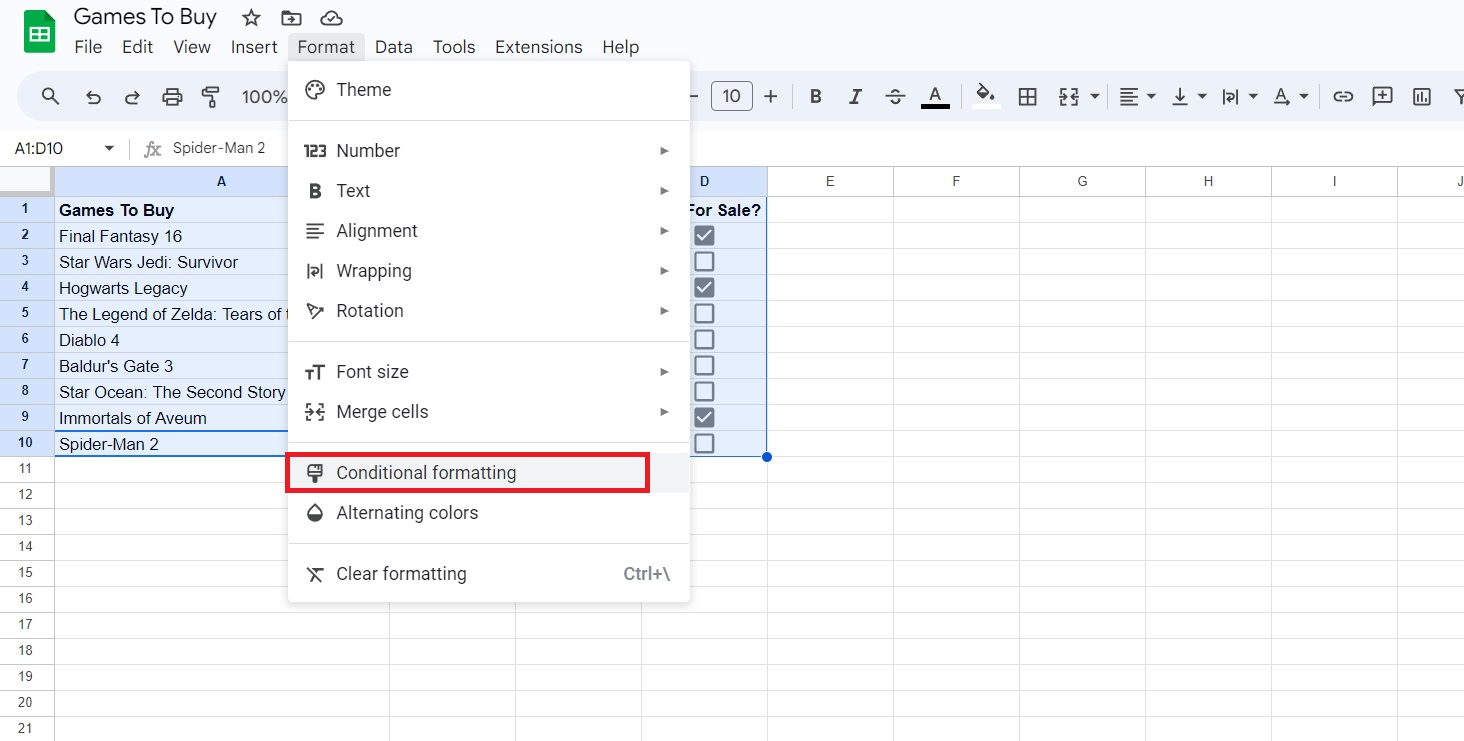 Google Sheets Conditional Formatting