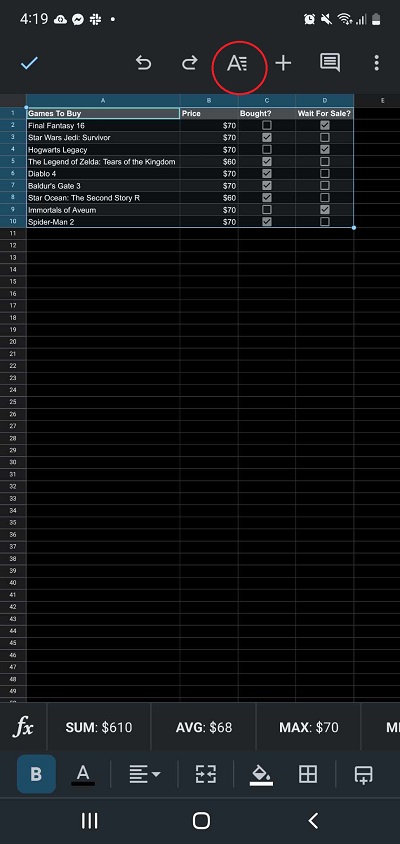 Google Sheets Formatting Button