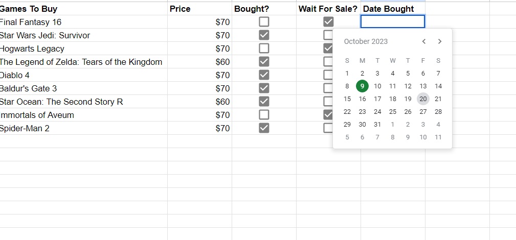 Google Sheets Mini Calendar