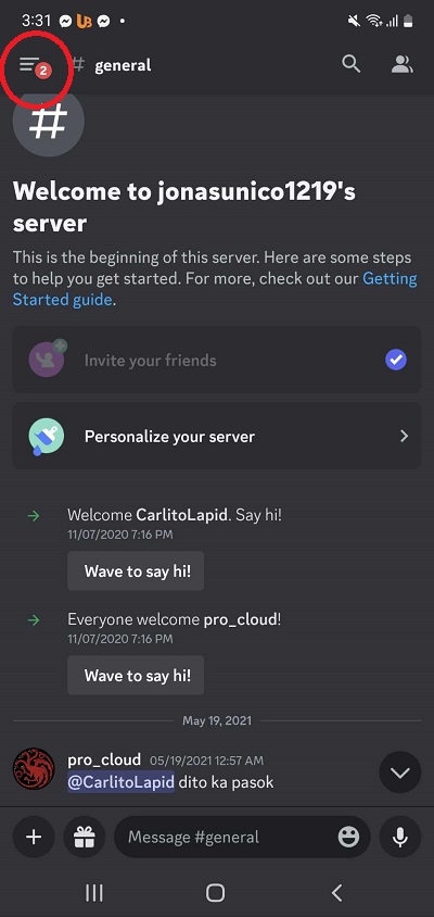 Hamburger icon location on Discord