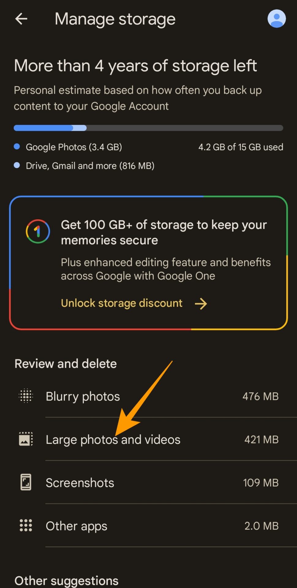 Large photos and videos option on Google photos app