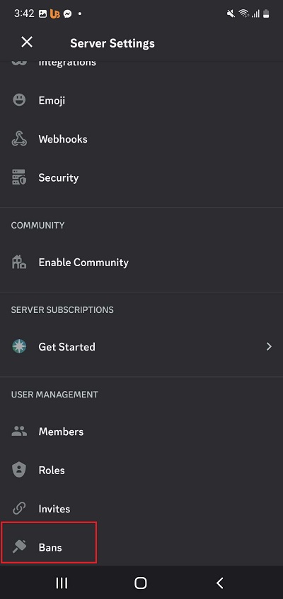 Location of Bans button on Discord Mobile App