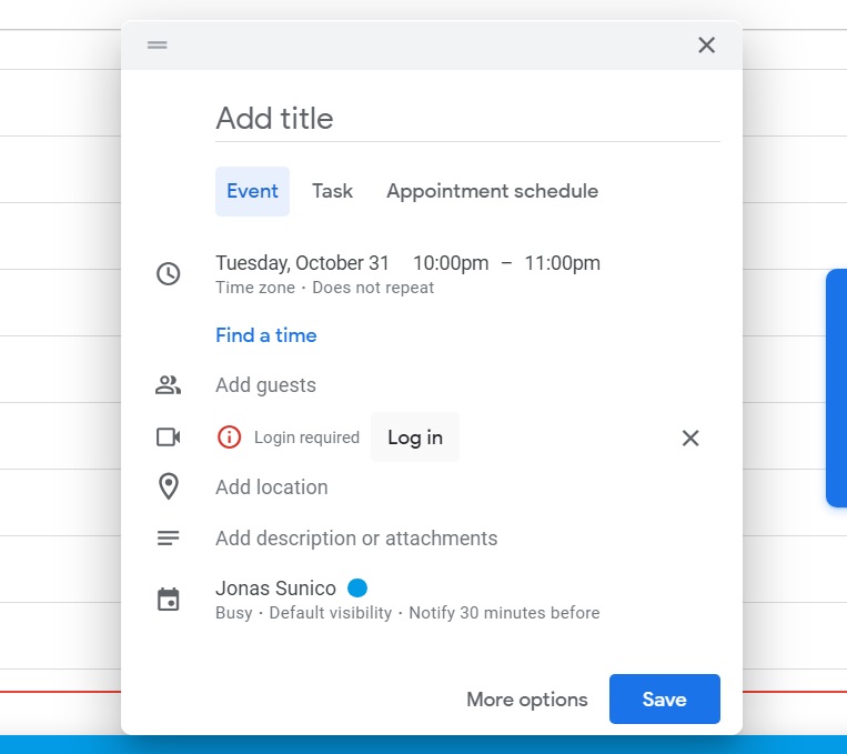 Log in option for Zoom in Google Calendar