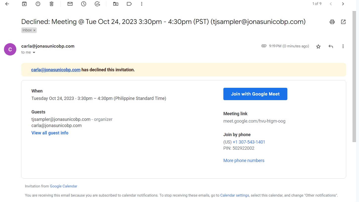Meeting Declined Email Sent to Gmail