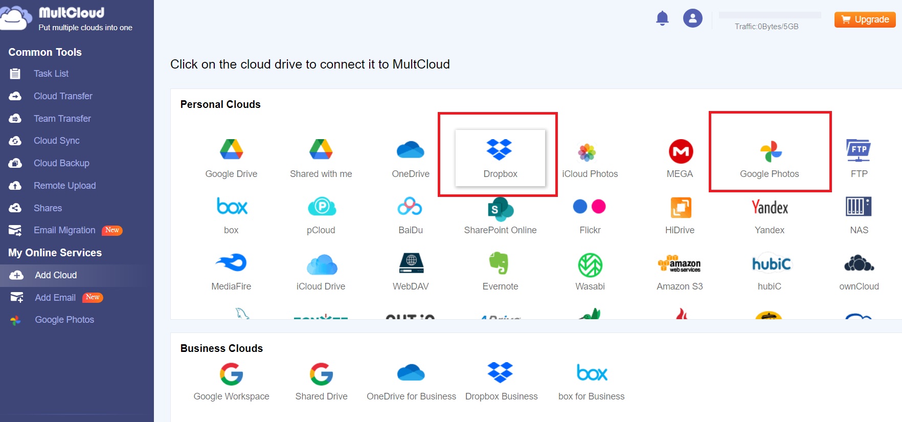 MultCloud Dropbox Google Photos connection