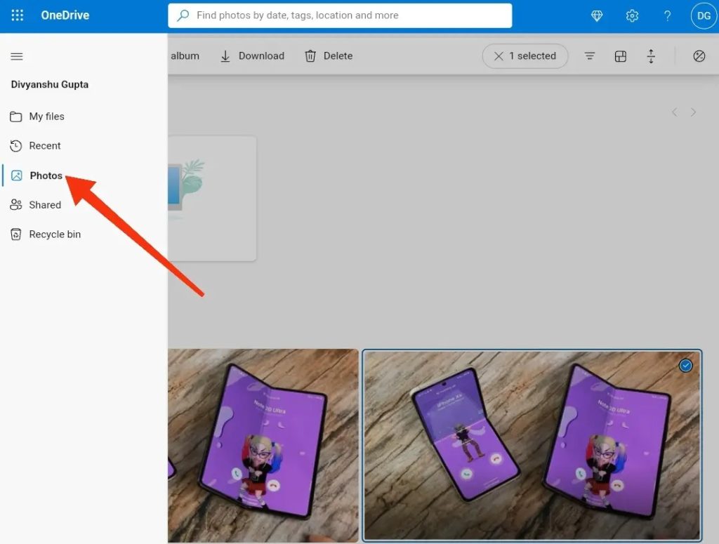 Open Photos Section OneDrive