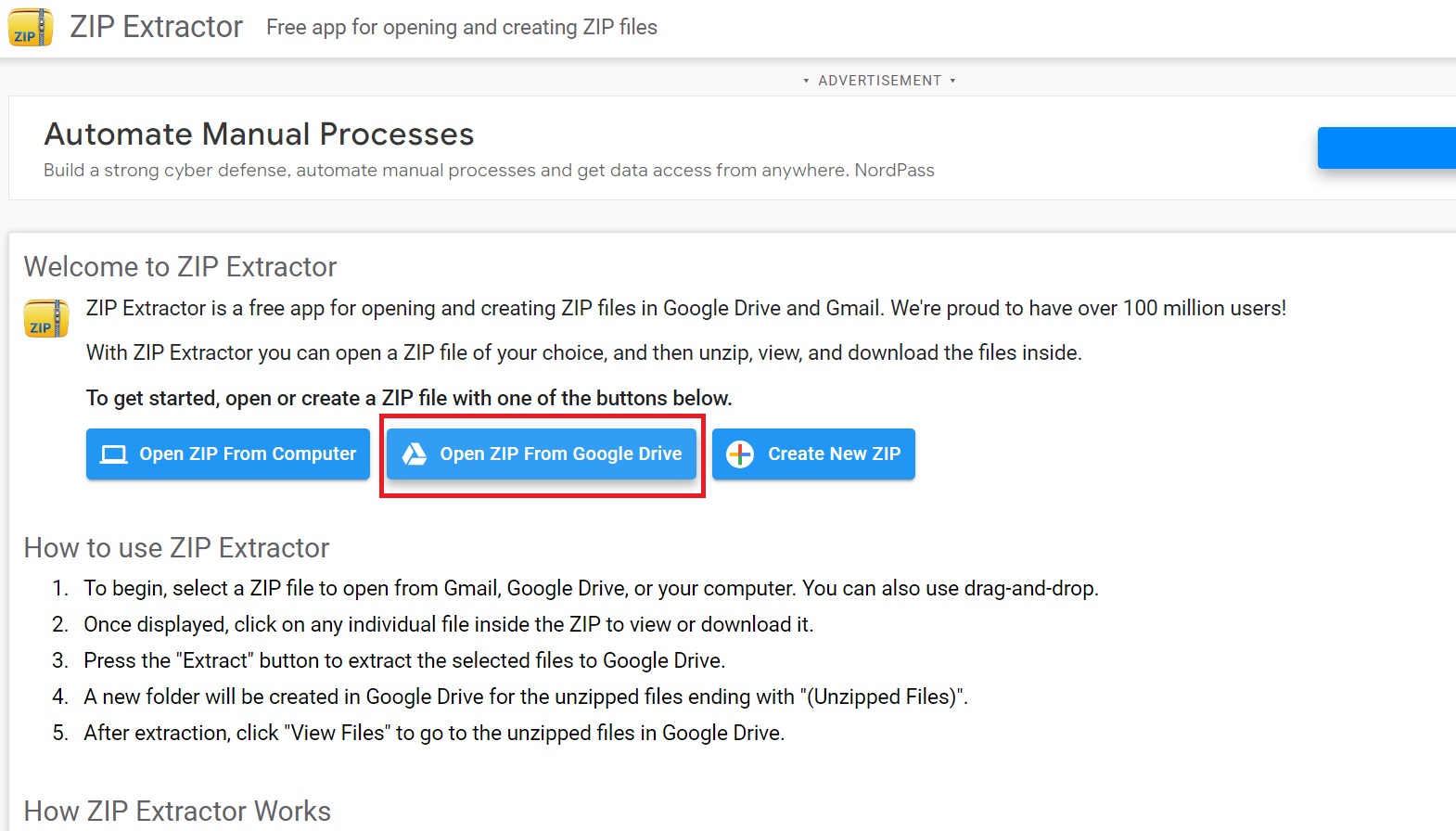 Open ZIP from Google Drive