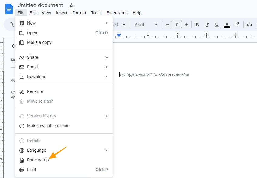 Page setup on Google Docs