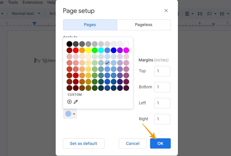 Page setup options in Google Docs
