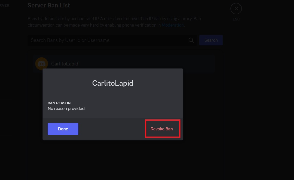 Revoking a ban on Discord