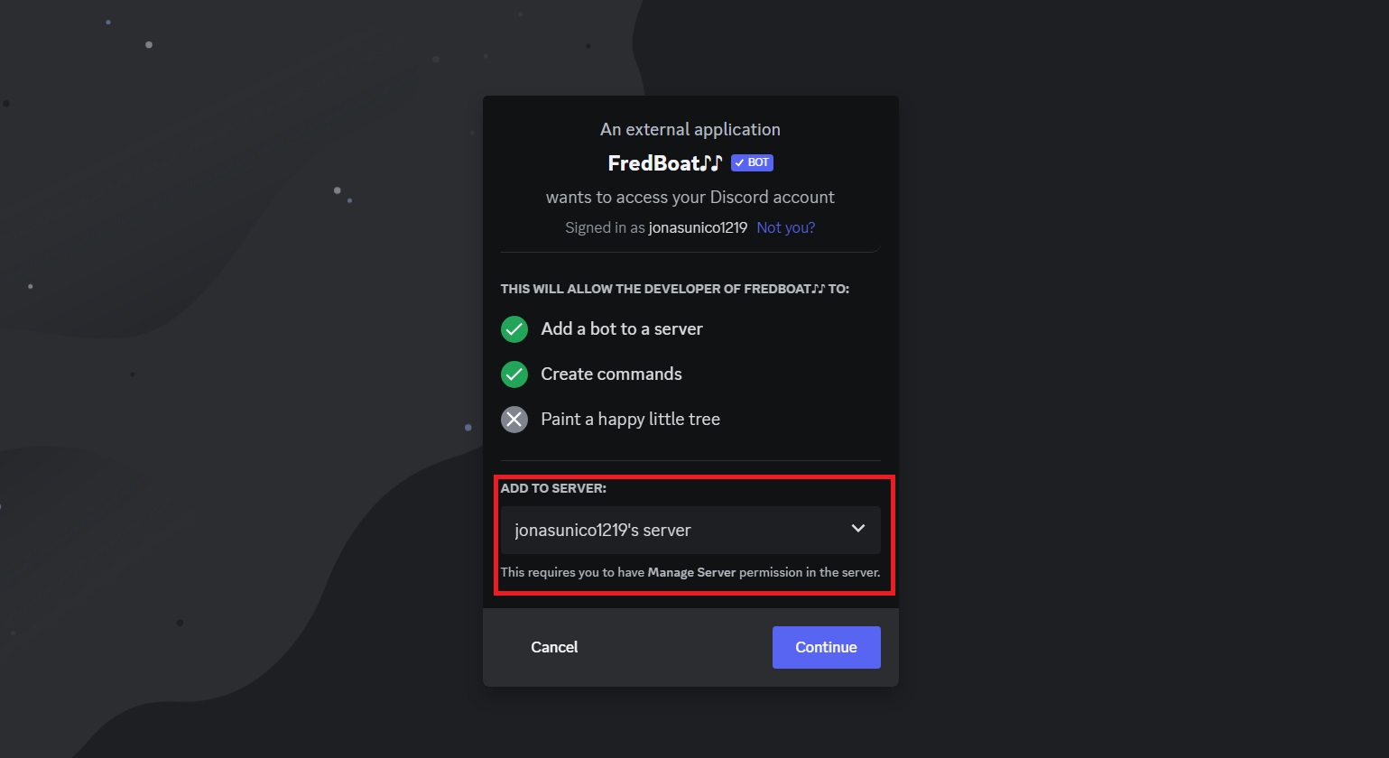 Selecting Server for Fredboat