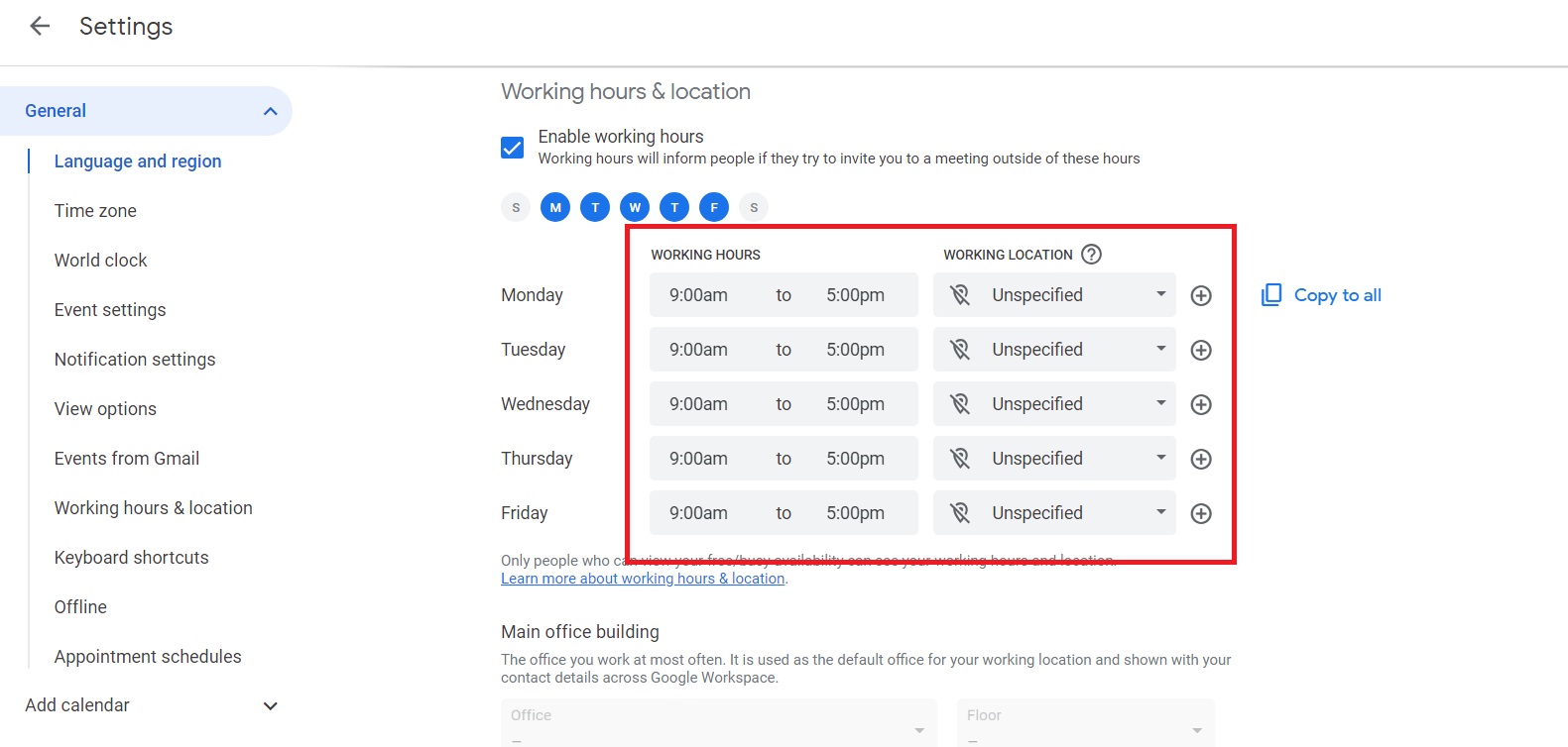 Setting up woking hours and days in Google Calendar