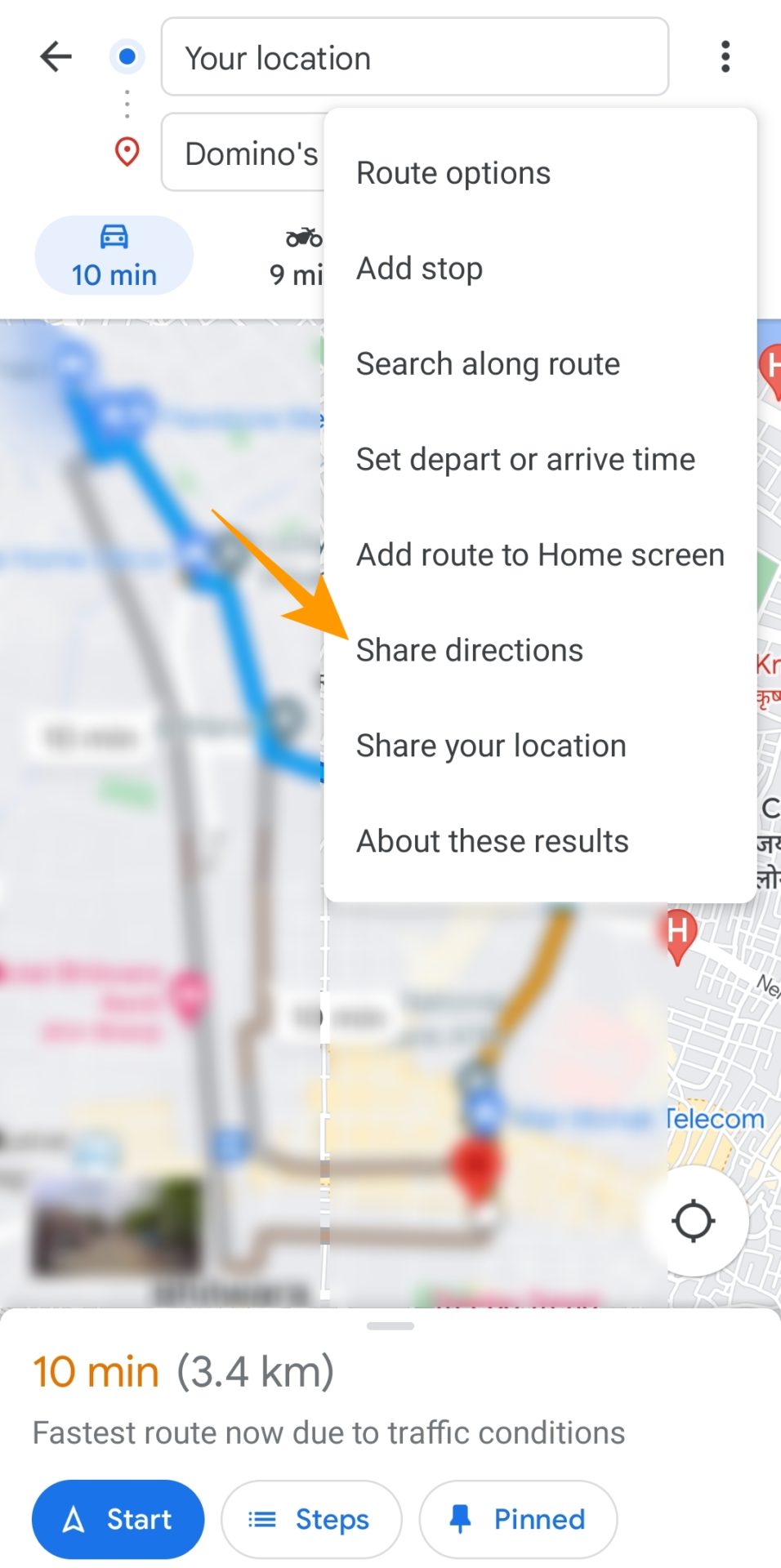 Share directions option on Google Maps