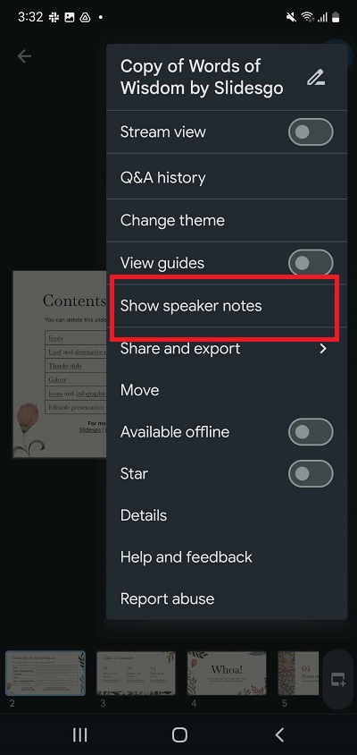Show speaker notes icon in Google Slides mobile