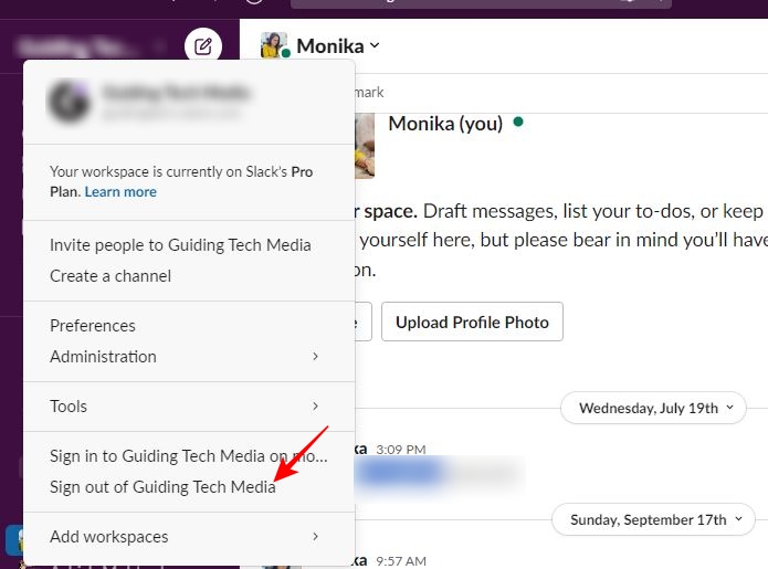 Sign out option on Slack Desktop app