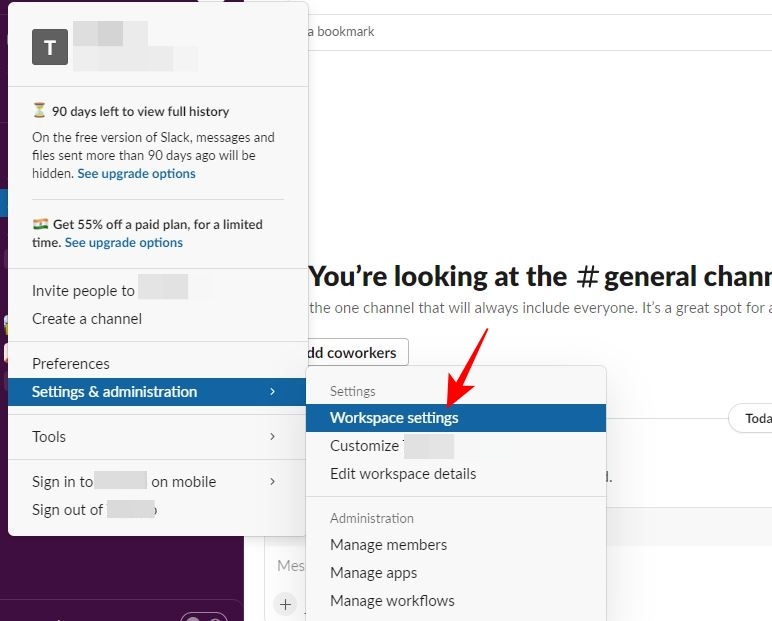 Slack settings & administration option in browser