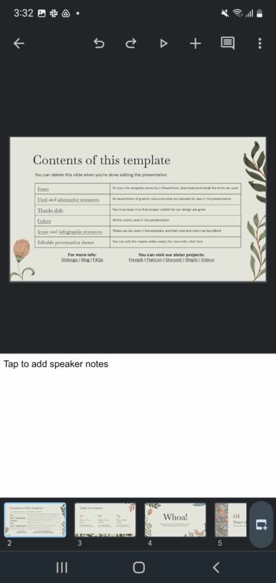 Speaker notes textbox on Google Slides