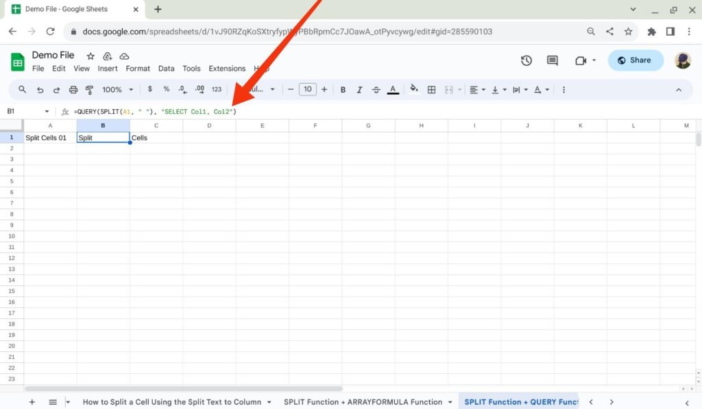 Splitting Text in A1 Using SPLIT + QUERY