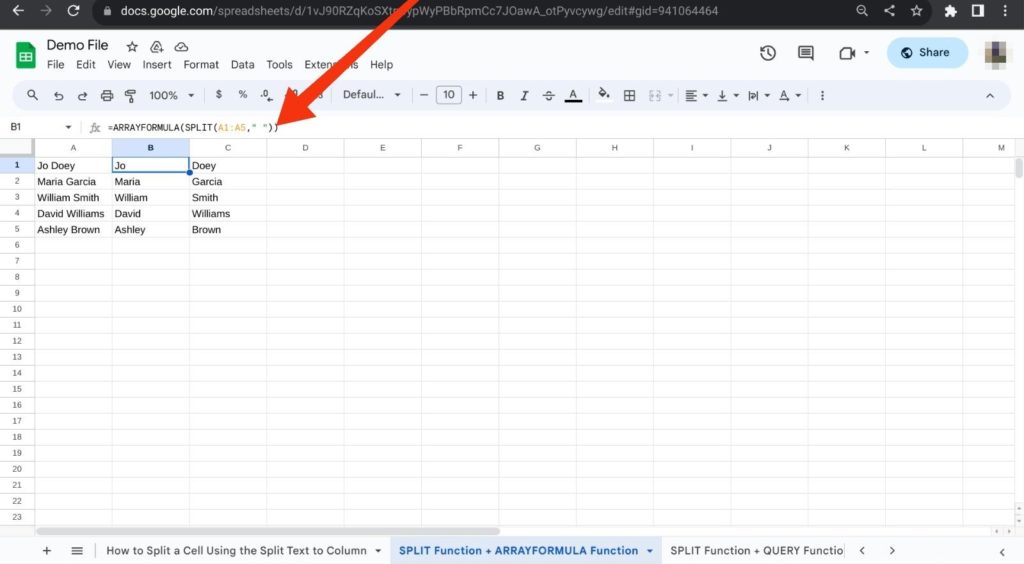 Splitting Text in A1:A5 Using SPLIT + ARRAYFORMULA