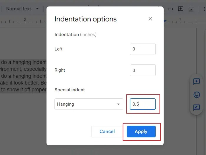 Type Hanging Indent Amount of In Options