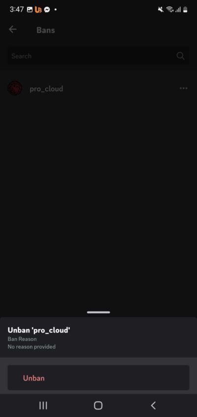 Unban button on Discord Mobile APp