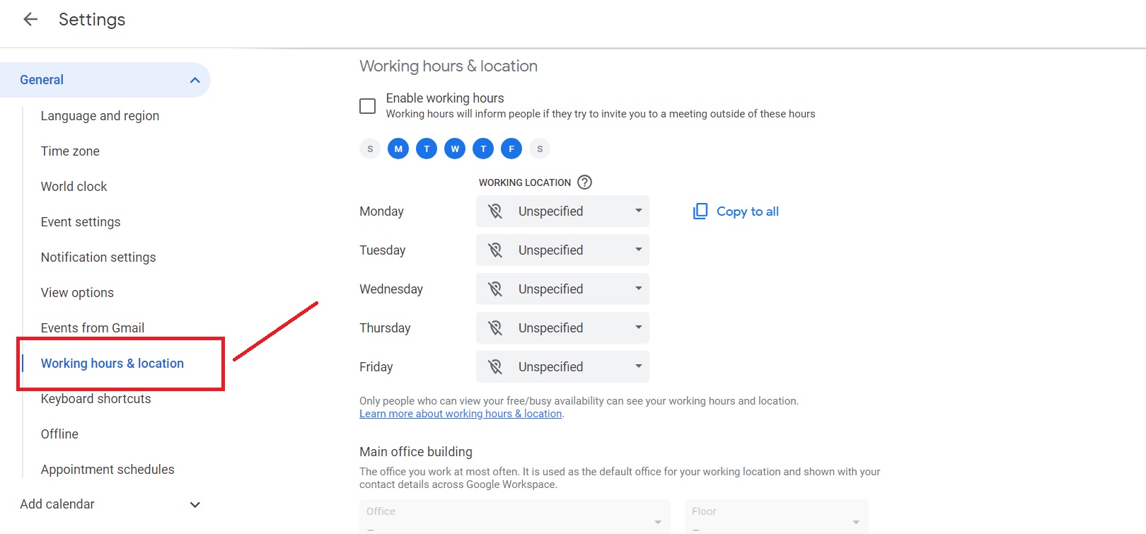 Working Hours and Location Settings on Google Calendar