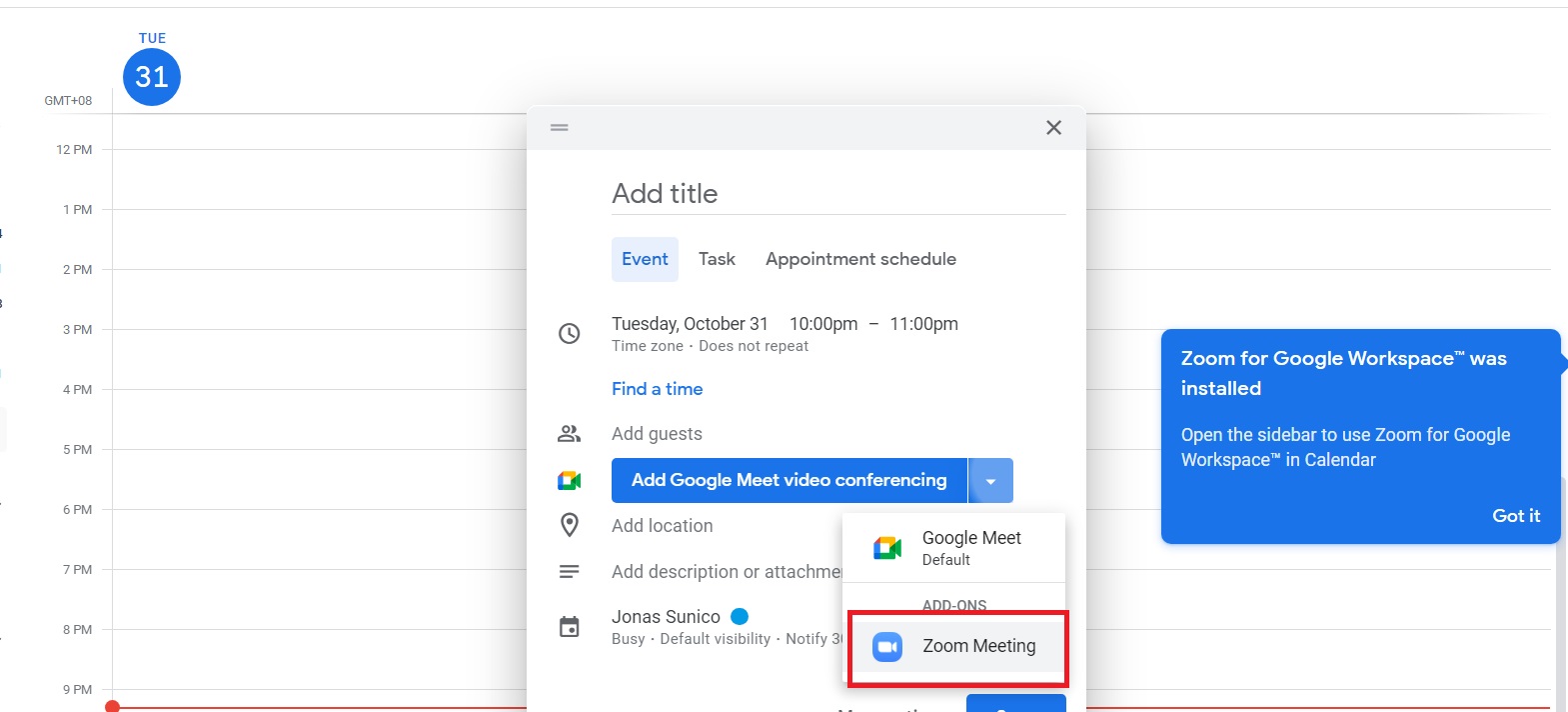 Zoom Meeting option in Google Calendar