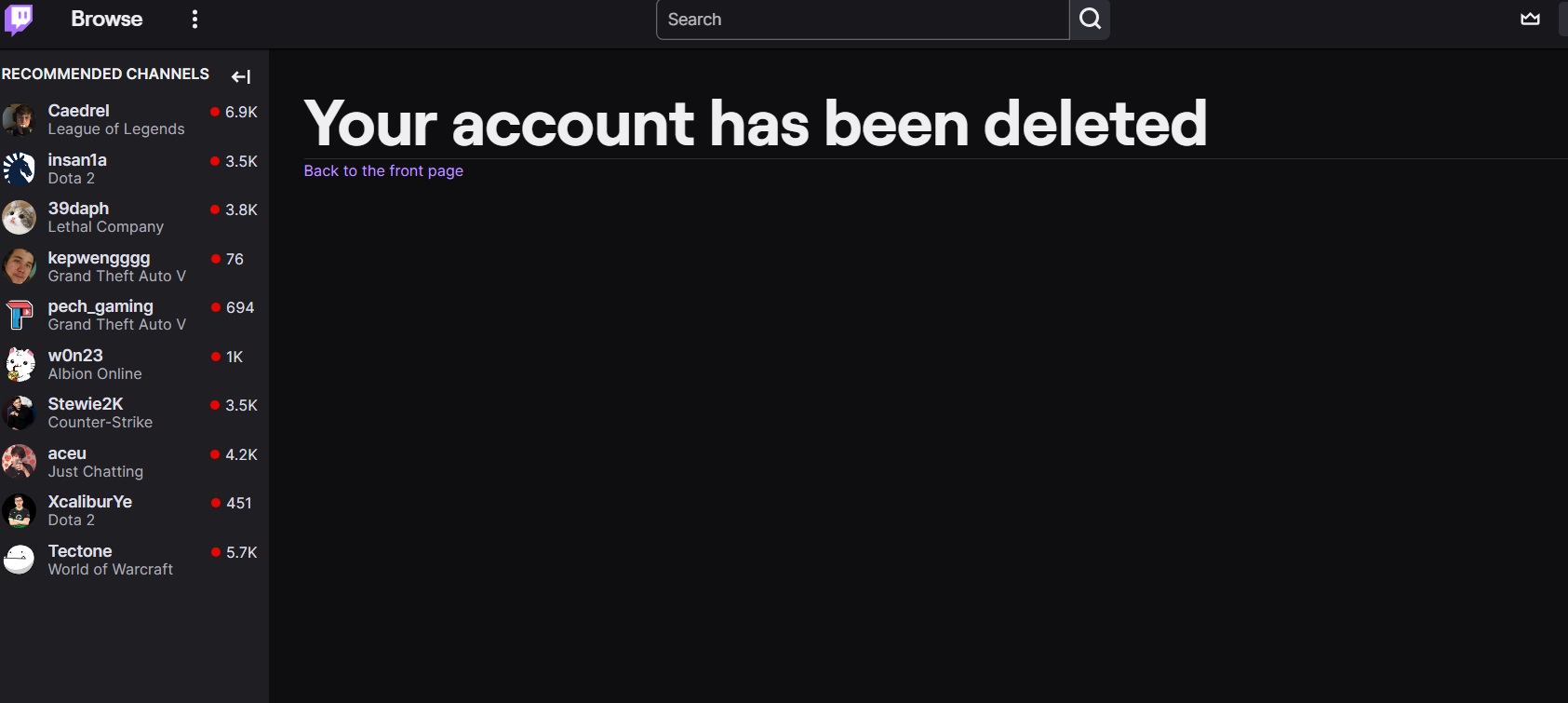 Account deletion confirmation on Twitch