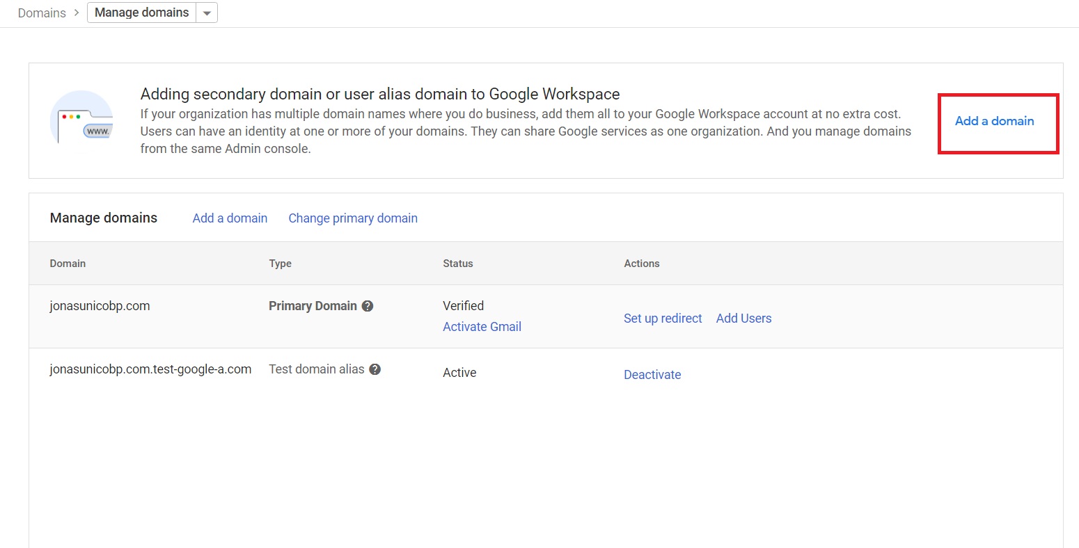 Add a domain button on Google Workspace