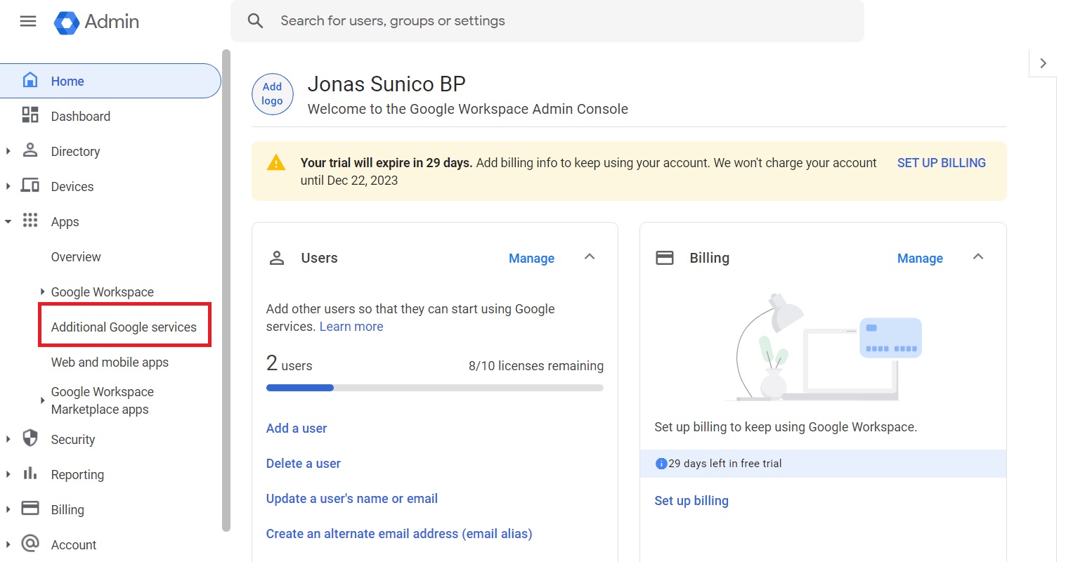 Additional Google services button on Google Admin Console