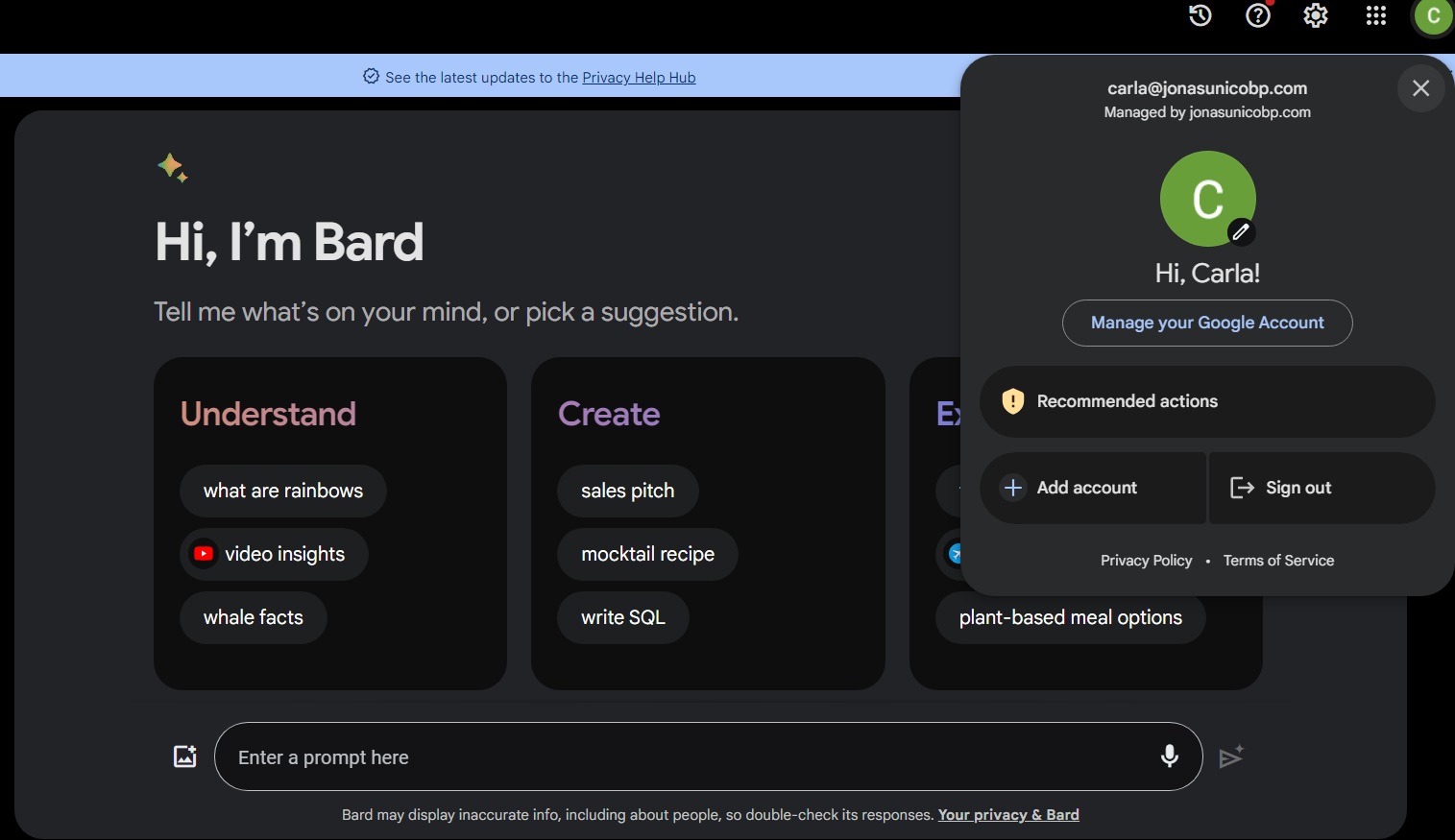 Bard working on Google Workspace