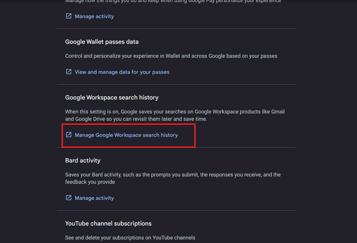 Button for managing Google Workspace search history