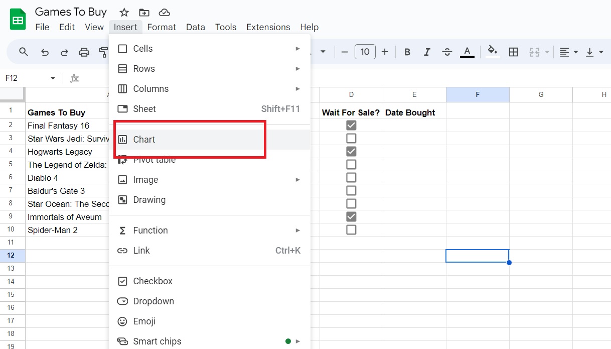 Chart button in Google Sheets