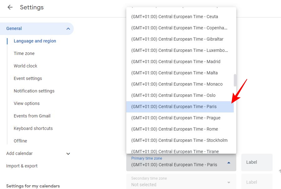 Choose time zone in Google Calendar