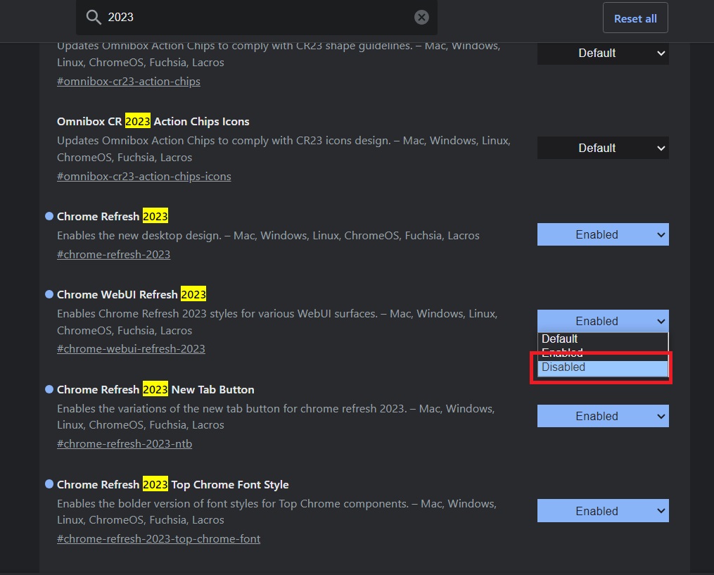 Chrome Refresh 2023 Disabled button