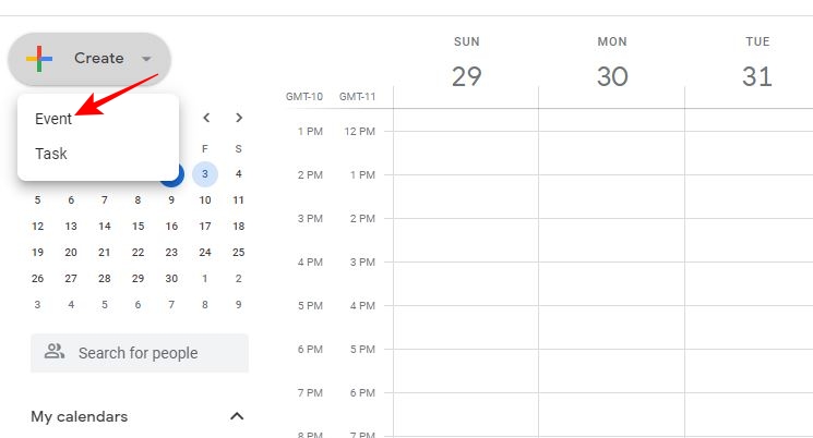 Create event option in Google Calendar