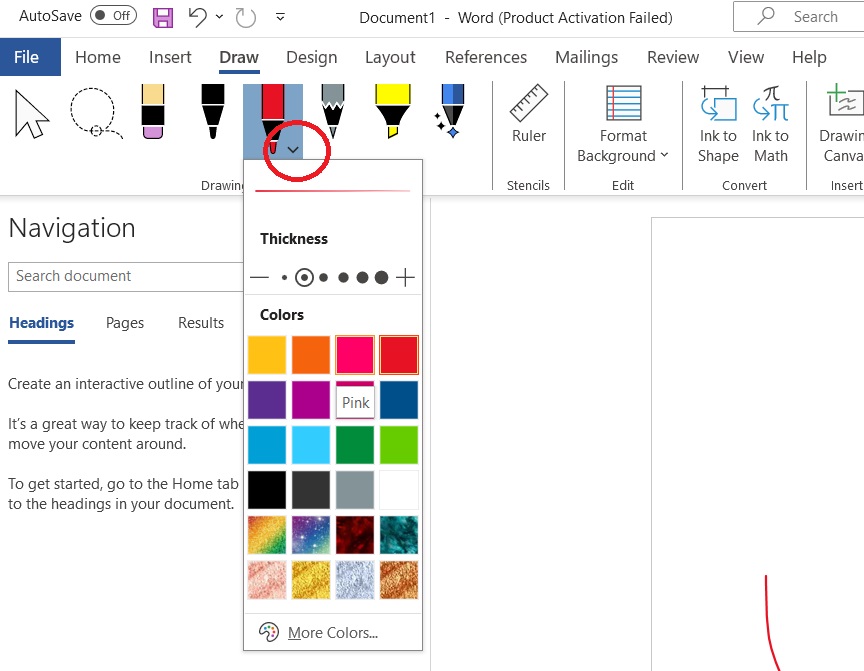 Customizing pen tool in Microsoft Word