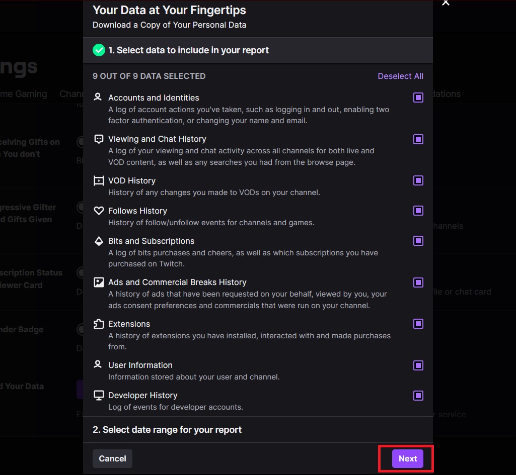 Data selection screen for copy request in Twitch