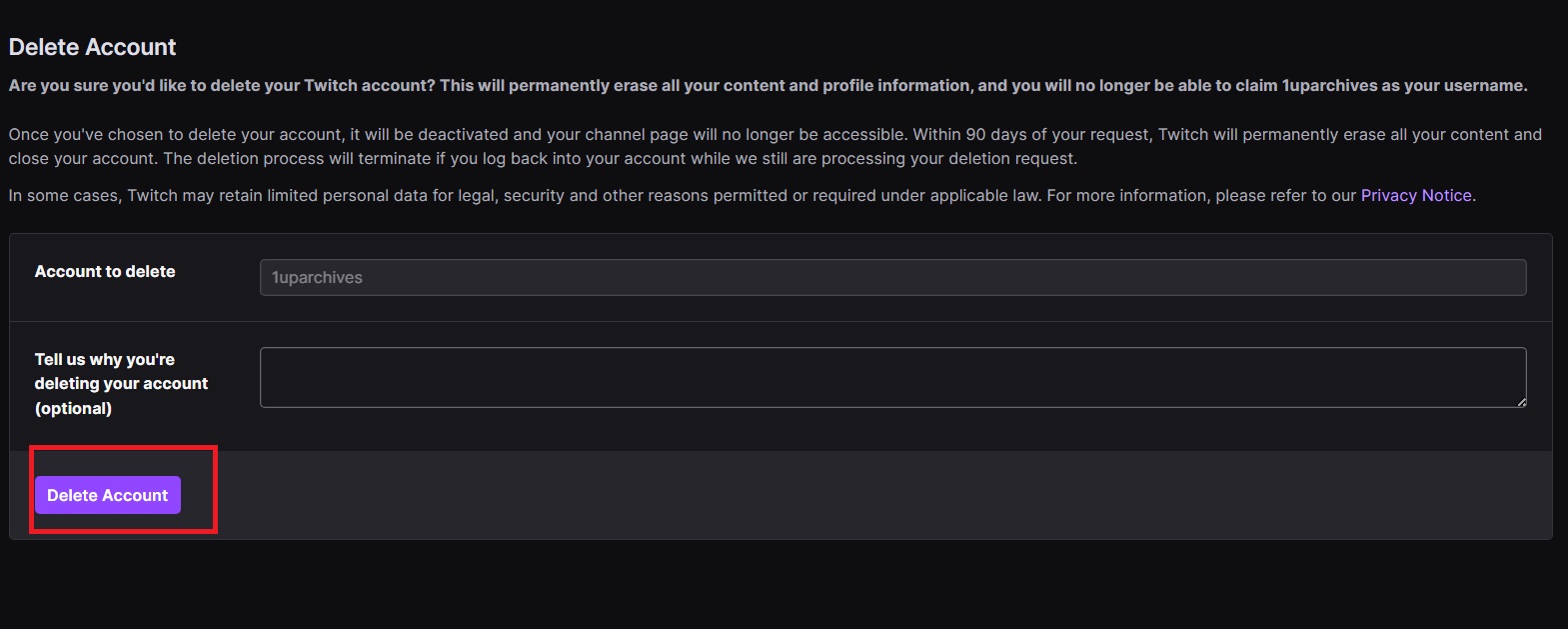 Delete account button on Twitch