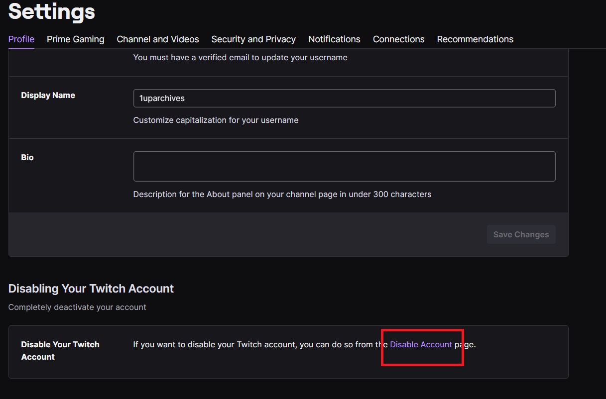 Disable account button on Twitch