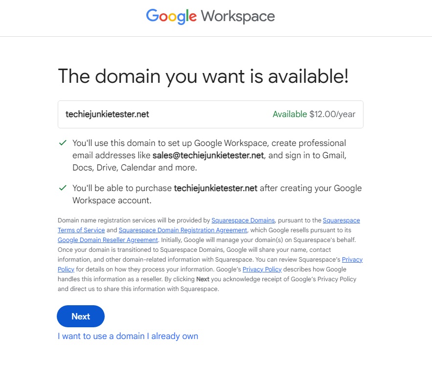 Domain available in Google Workspace