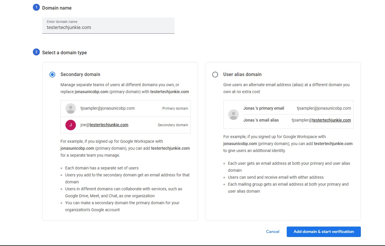 Domain setup form in Google Workspace