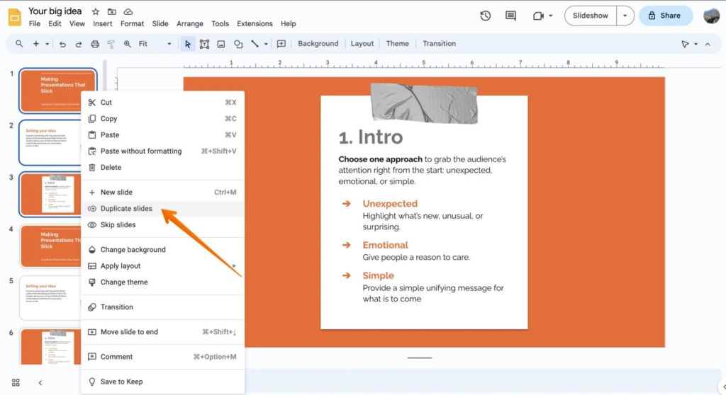 Duplicate Slides Using Context Menu