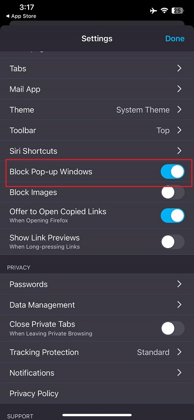 Enabling and disabling pop-ups Firefox iOS
