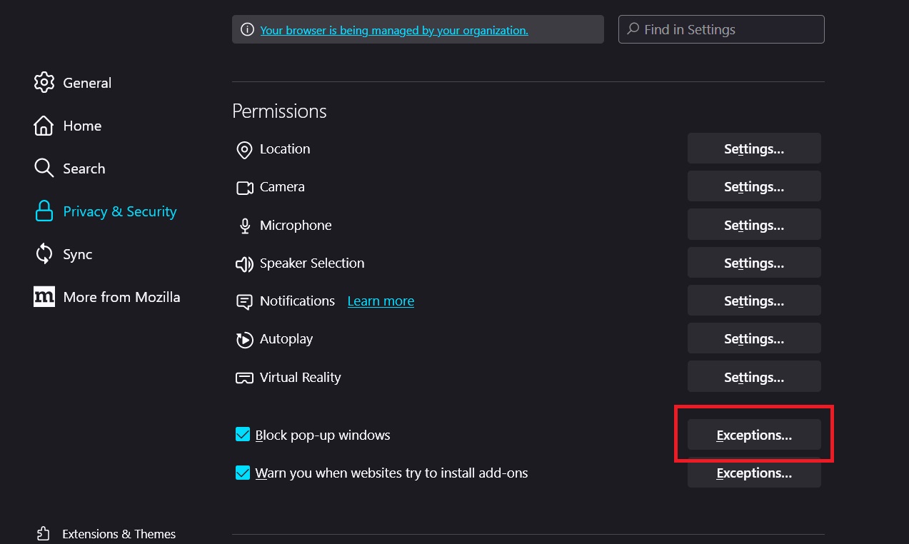 Exceptions settings for pop-ups in Firefox