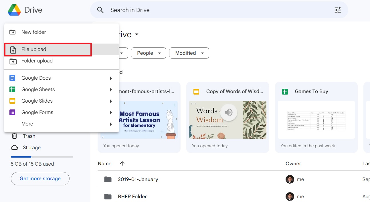 File Upload location in Google Drive