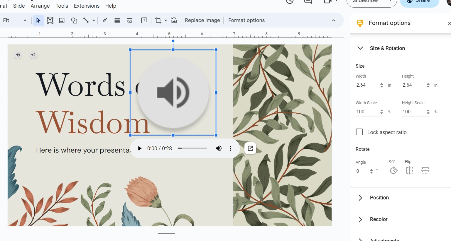 Formating options of audio icon in Google Slides