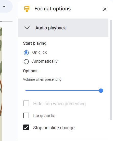 Formating options of audio playback in Google Slides