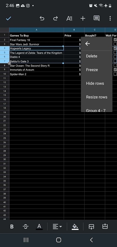 Freezing Cells on Google Sheets Mobile