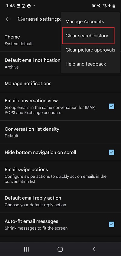 Gmail app clear search history